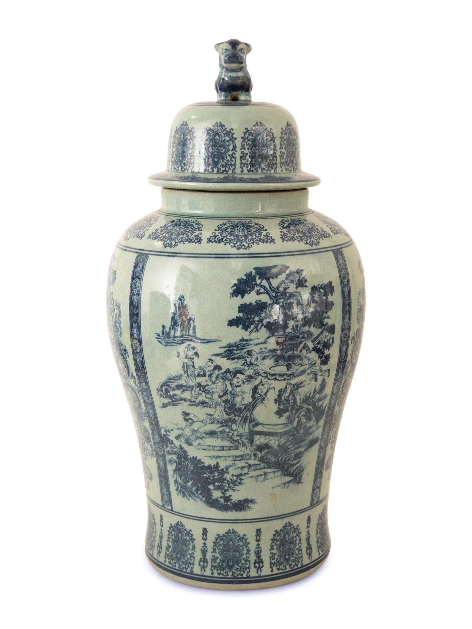 Pair of Chinese Blue and White Porcelain Vases and Covers