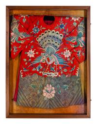 A Chinese Red Ground and Embroidered Silk 'Peacock' Robe
