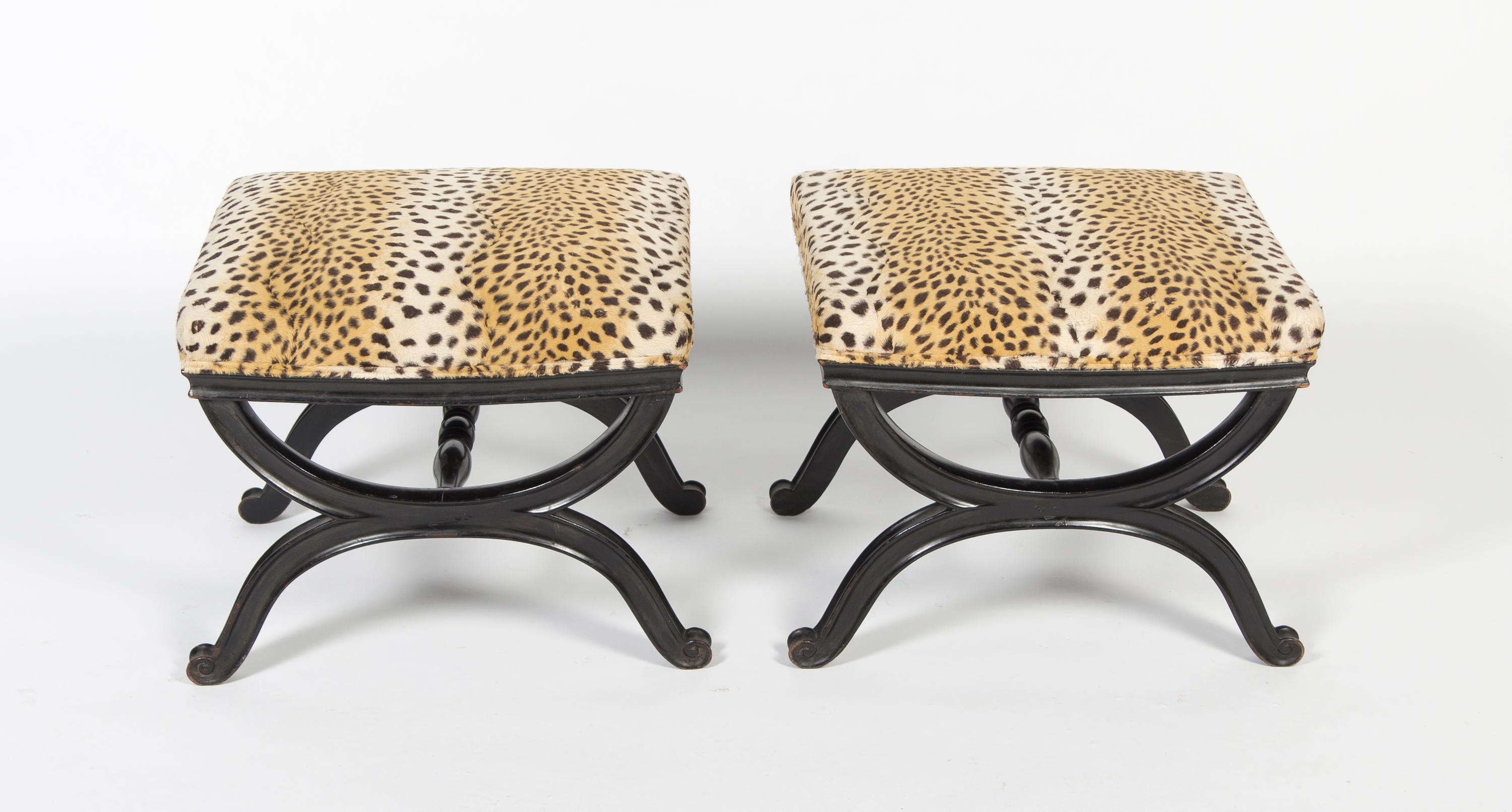 A Pair of French Ebonized Tabourets, Height 17 1/4 inches.