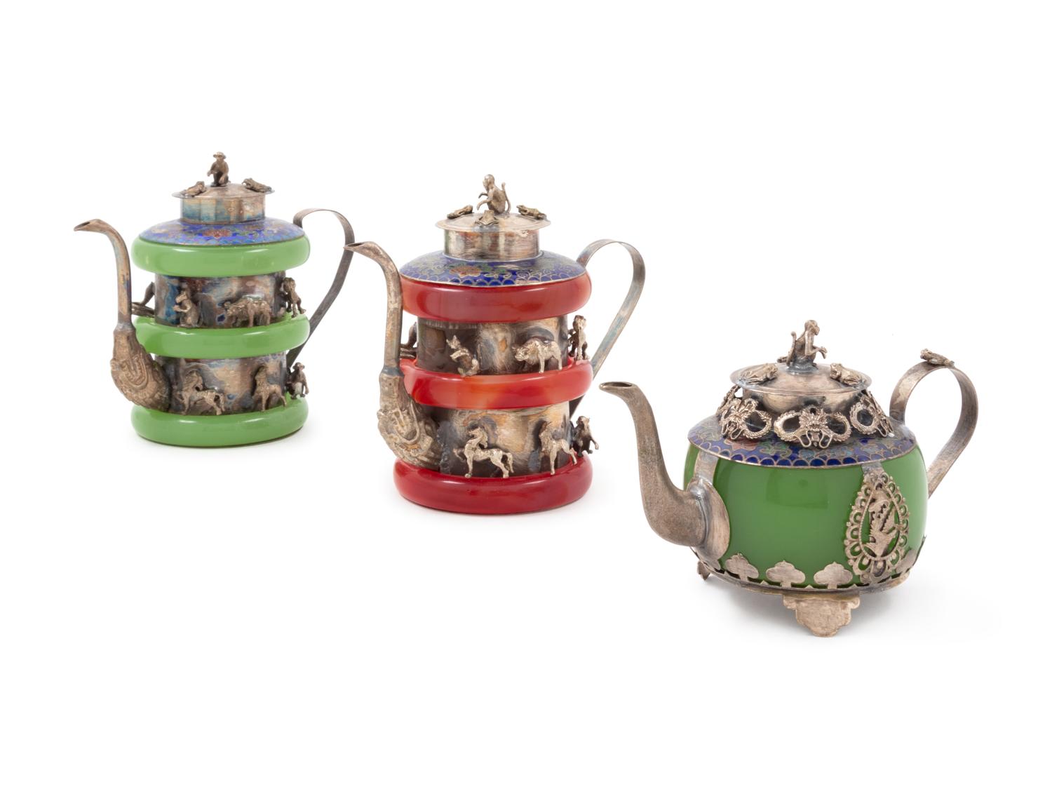 Three Chinese Cloissone Enamel Teapots