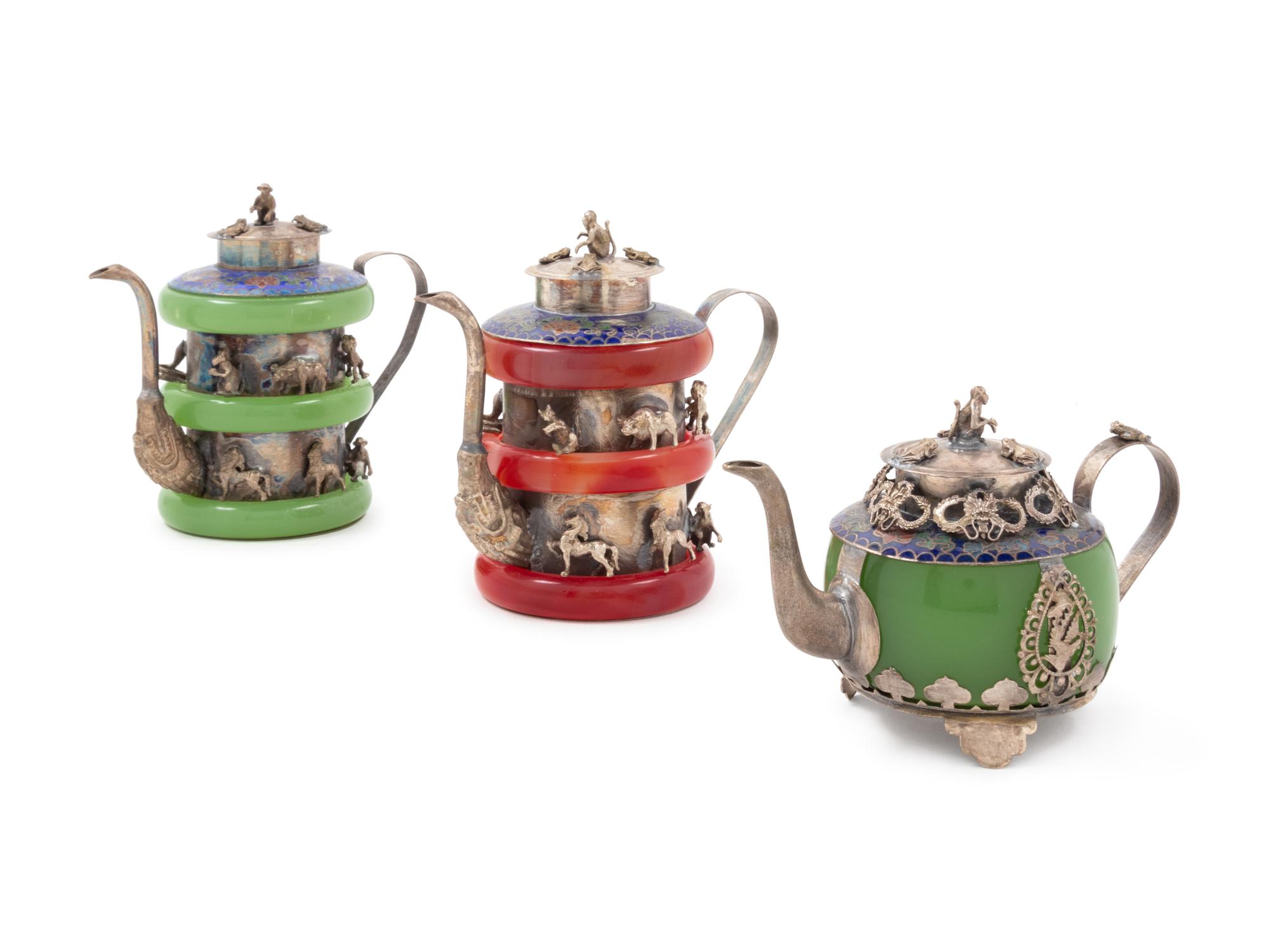 Three Chinese Cloissone Enamel Teapots