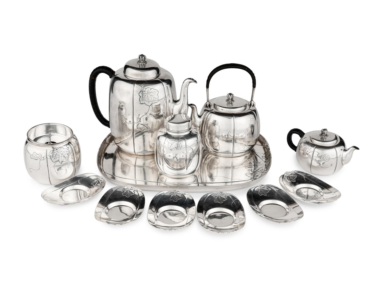 A Japanese Export Silver Tea Set and Tray