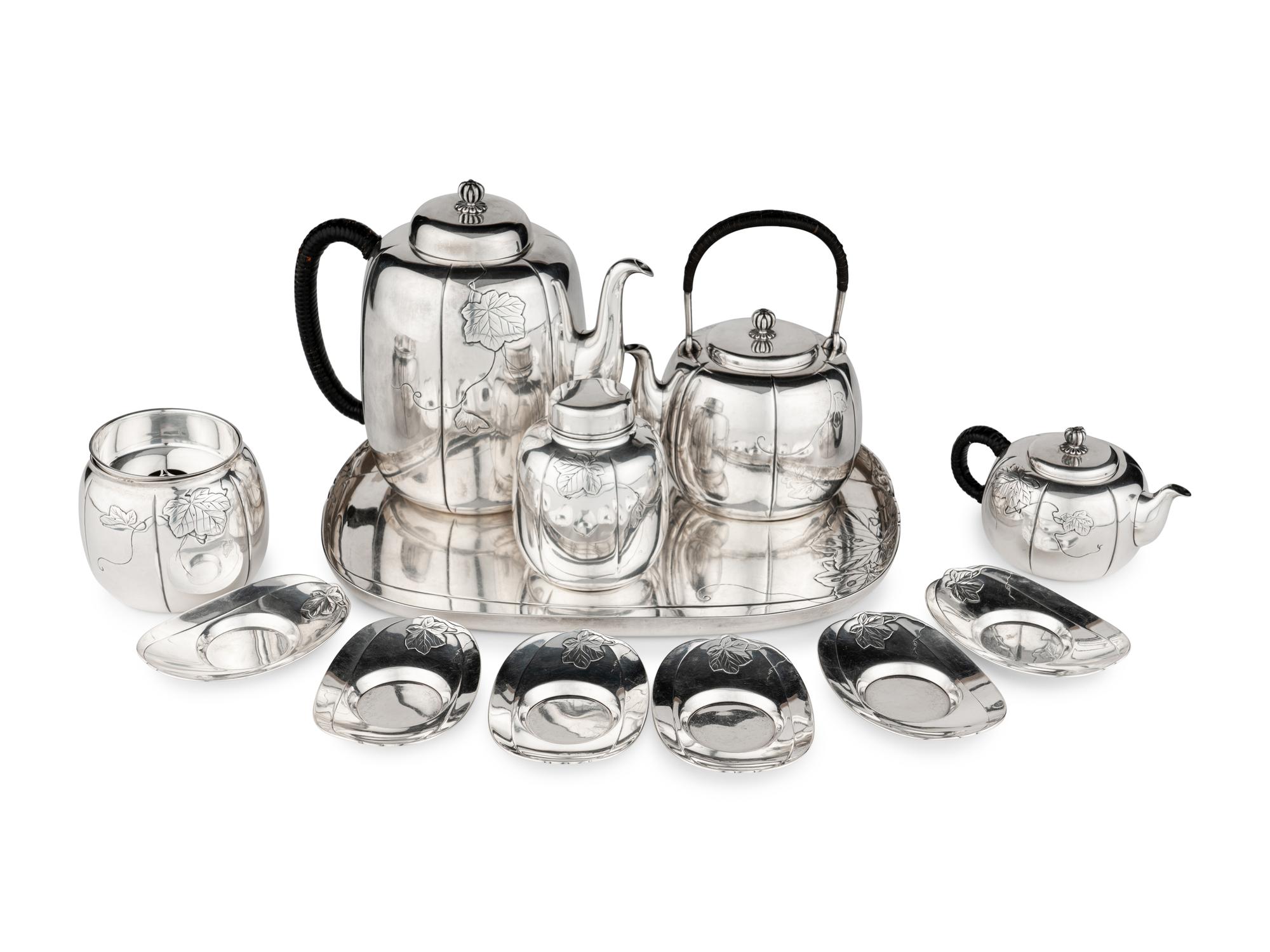 A Japanese Export Silver Tea Set and Tray