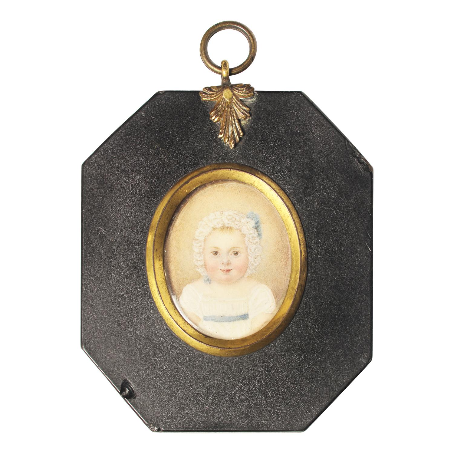 Anglo-American School 19th Century, A Portrait Miniature of a Baby with Bonnet