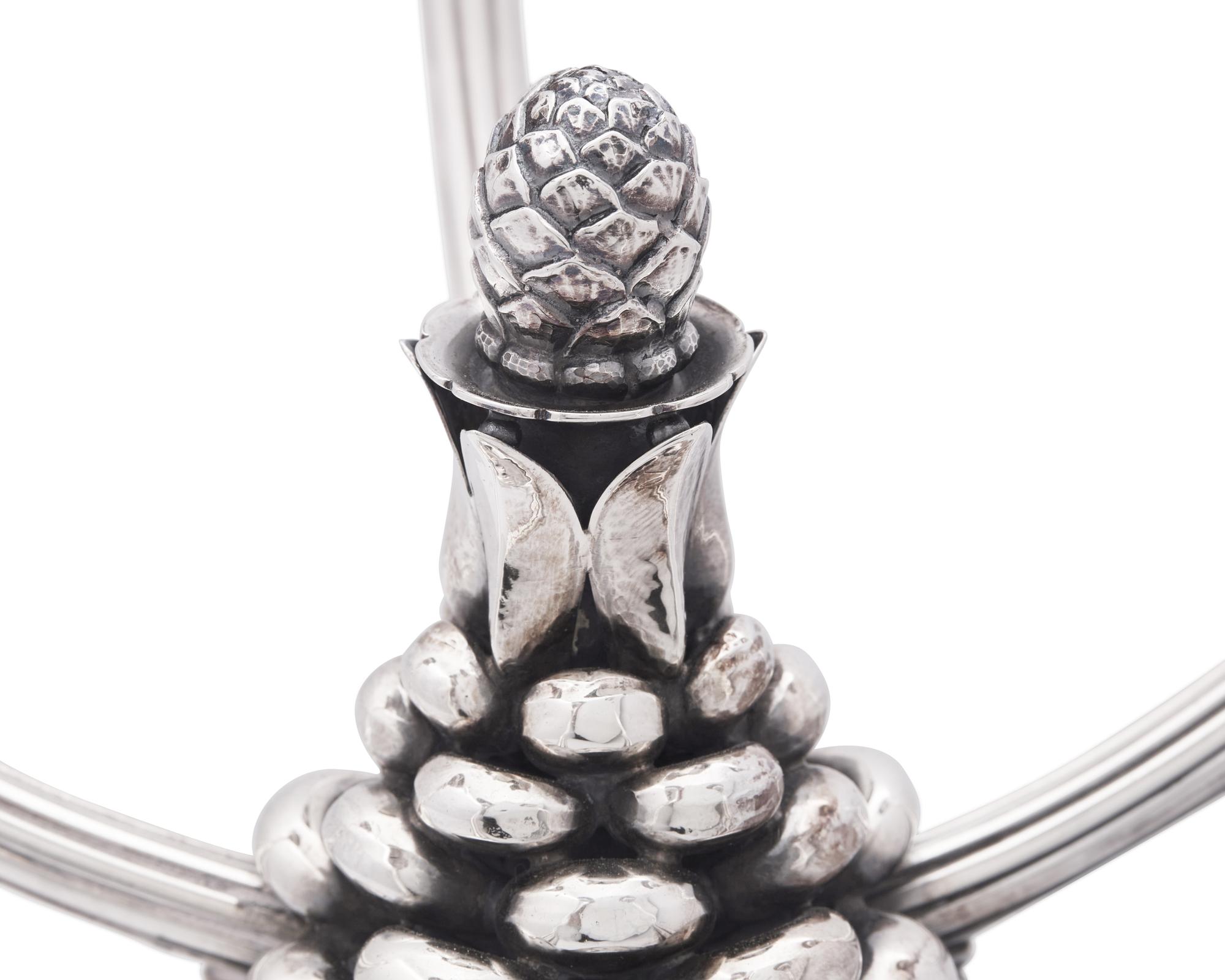 A Pair of Johan Rohde Designed Georg Jensen Silver Acorn Pattern Five-Light Candelabra