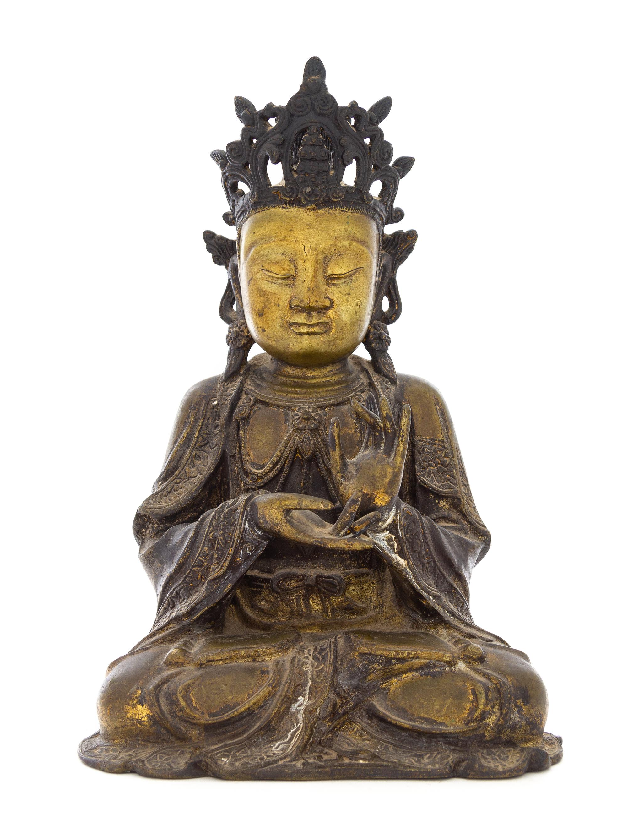 A Gilt Bronze Figure of Guanyin Height 15 inches.