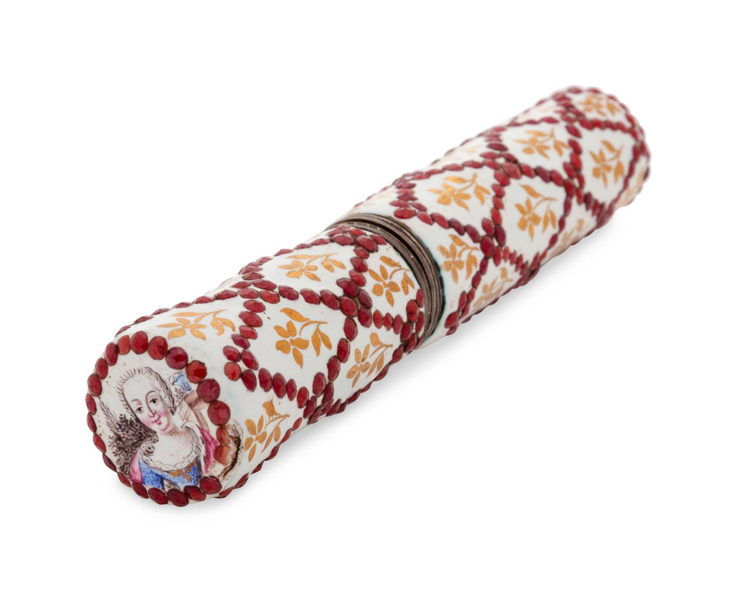A Continental Enameled, Gilt and Jeweled Bodkin Case