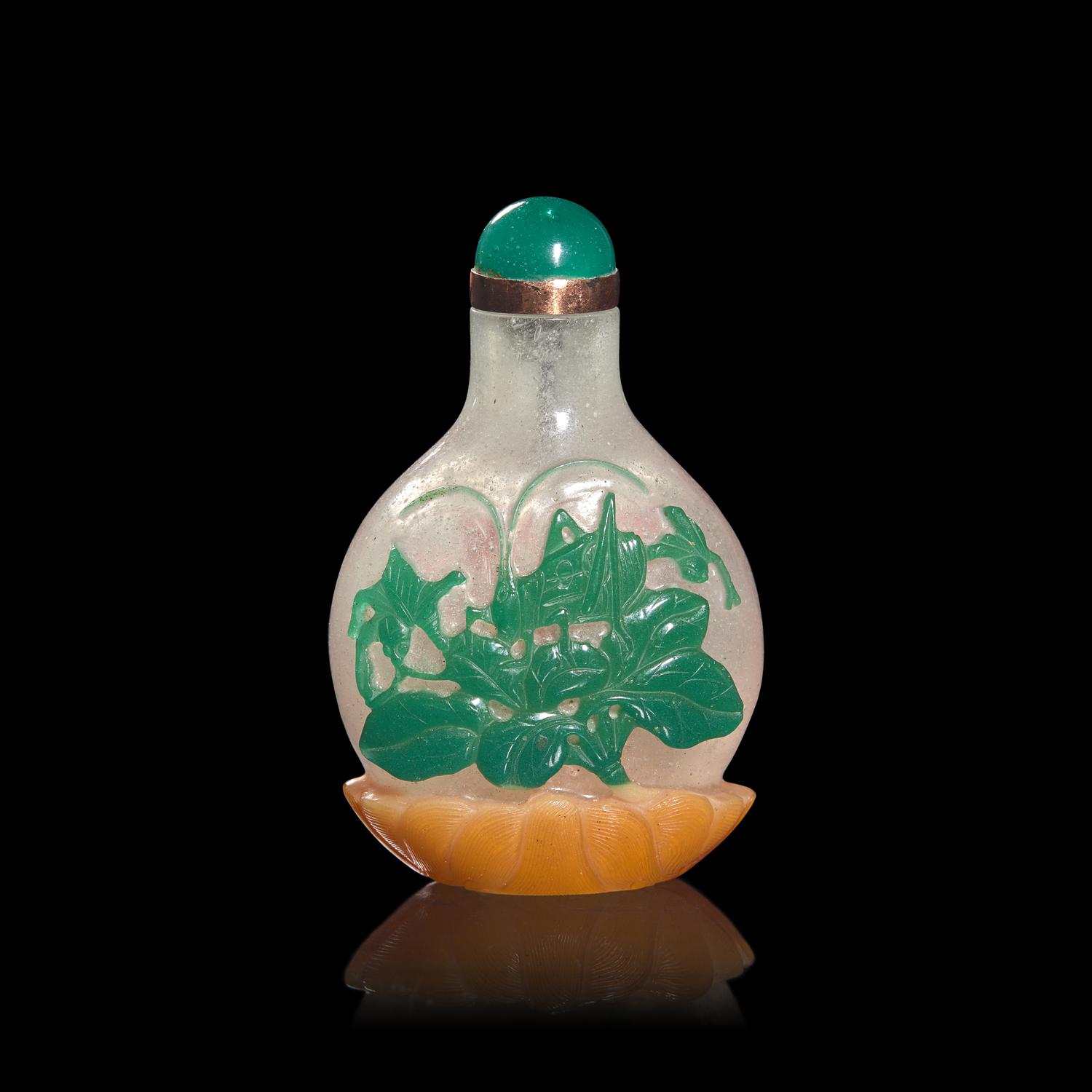 A Chinese Carved Multicolor Overlaid Glass "Crane and Cricket" Snuff Bottle