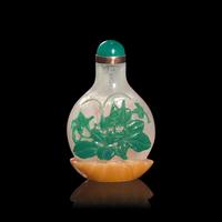 A Chinese Carved Multicolor Overlaid Glass "Crane and Cricket" Snuff Bottle