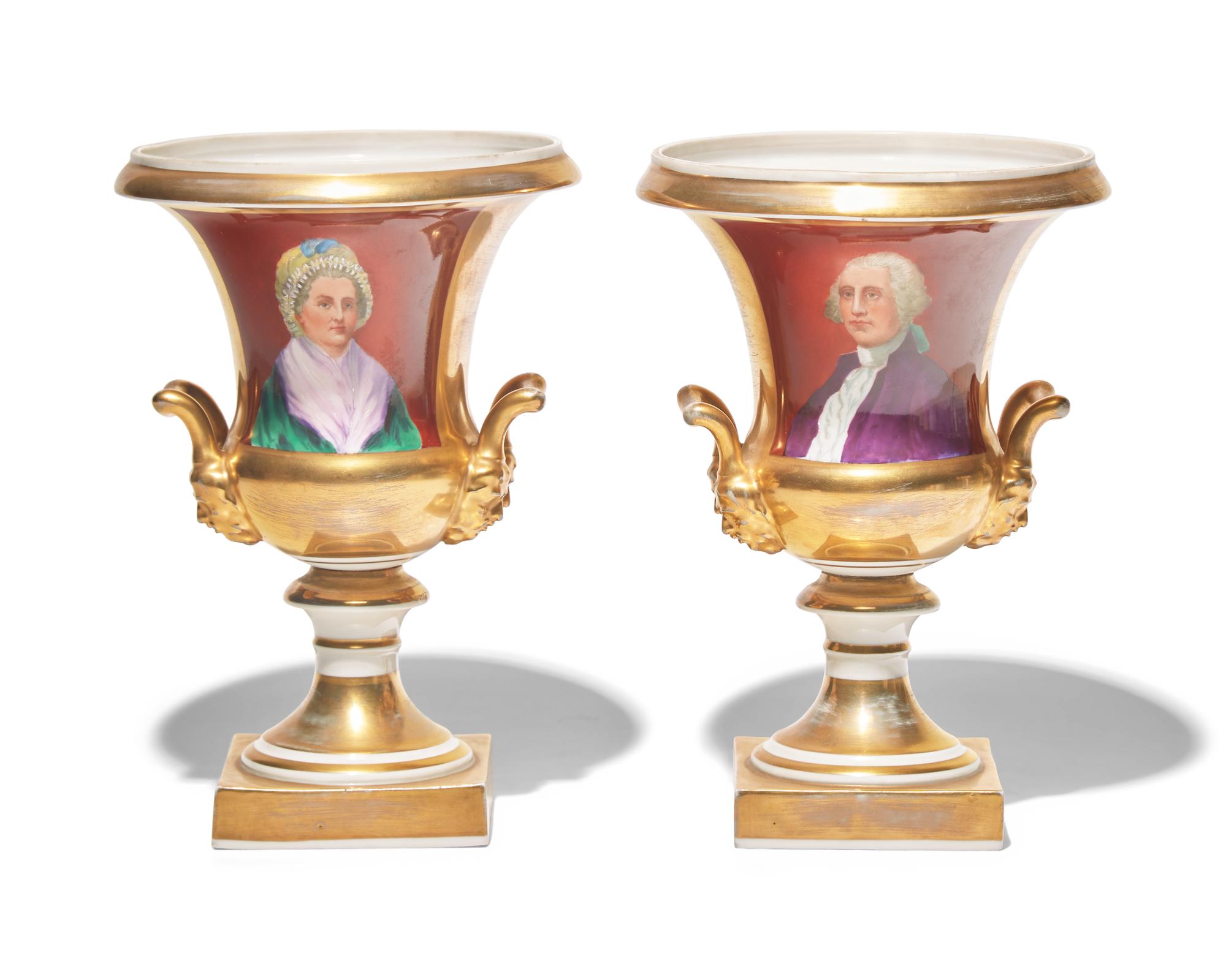 A Pair of Gilt and Enamel-Decorated Paris Porcelain Urns Bearing Portraits of George and Martha Washington