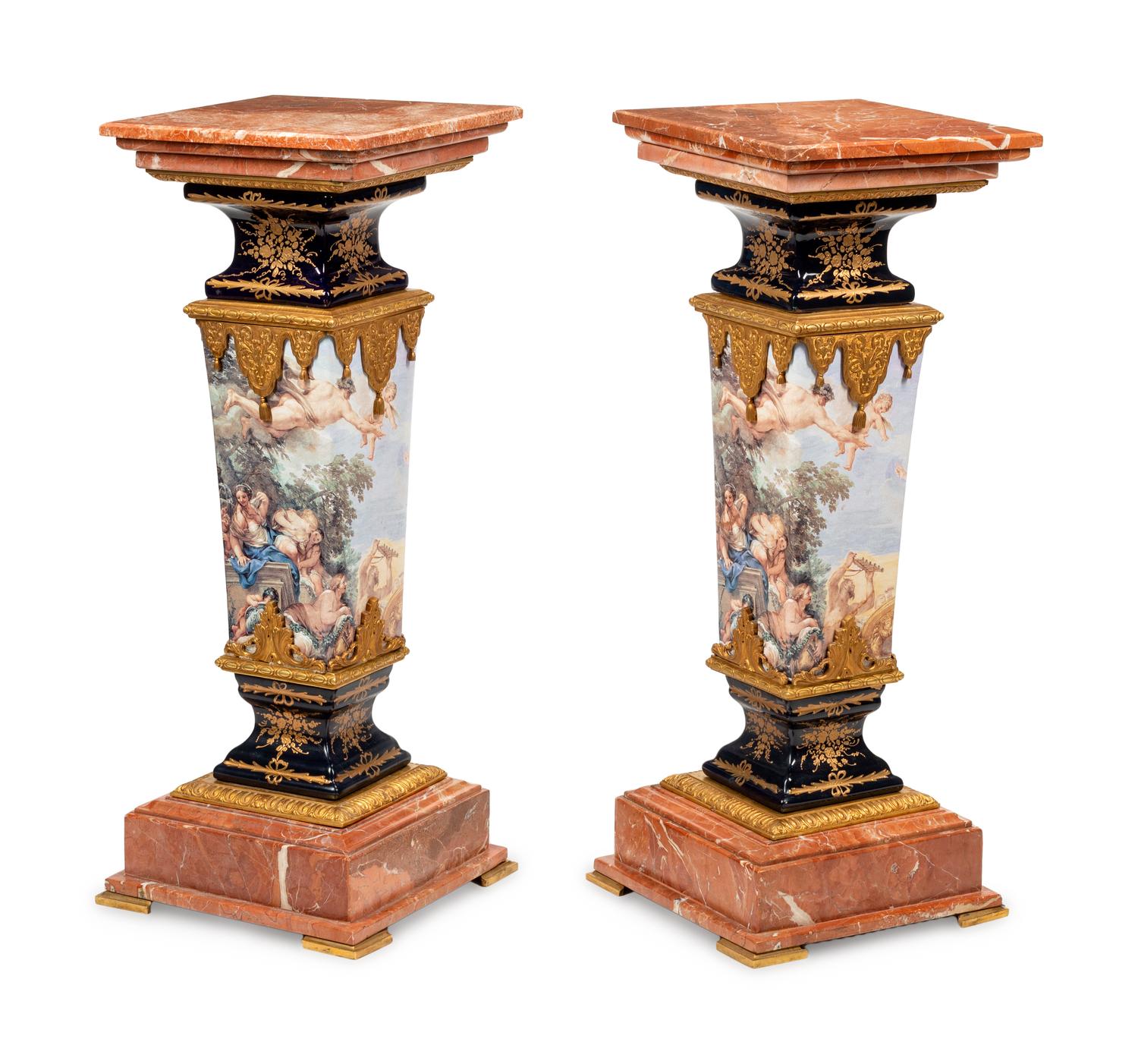 A Pair of Sèvres Style Gilt Bronze Mounted Marble and Transfer-Printed Porcelain Pedestals