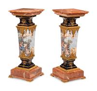 A Pair of Sèvres Style Gilt Bronze Mounted Marble and Transfer-Printed Porcelain Pedestals