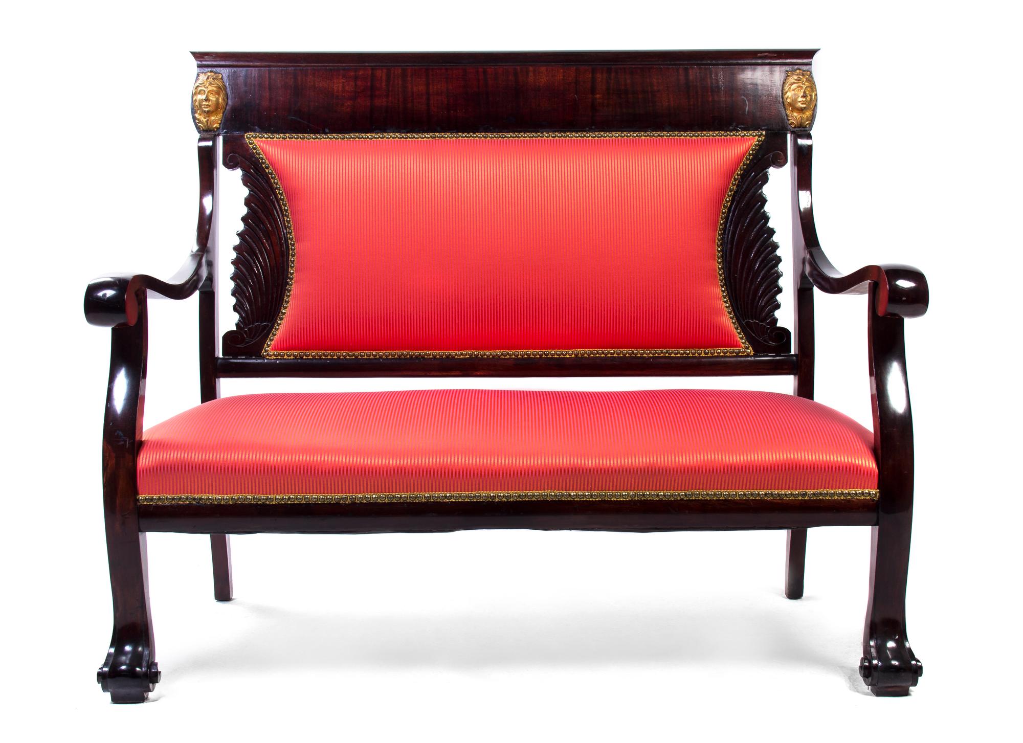 An Empire Style Parcel Gilt Mahogany Parlor Suite, Width of settee 51 inches.
