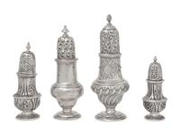 A Group of Four English Silver Casters and Muffineers