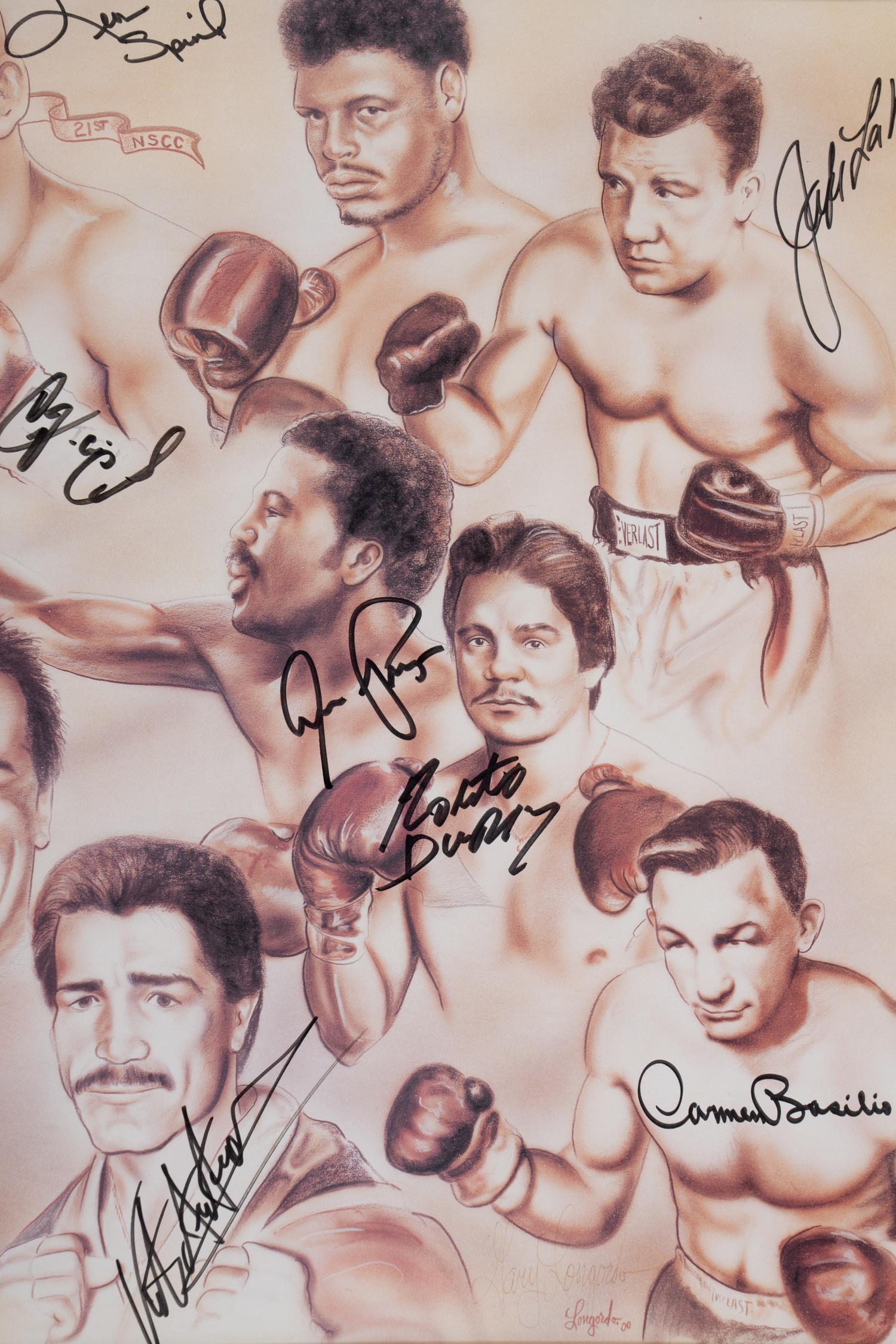 A Boxing Champions Signed Autograph Print Including Roberto Duran, Jake LaMotta and Diego "Chico" Corrales,