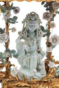 A Large Rococo Style Gilt Bronze and Porcelain Mantel Clock
