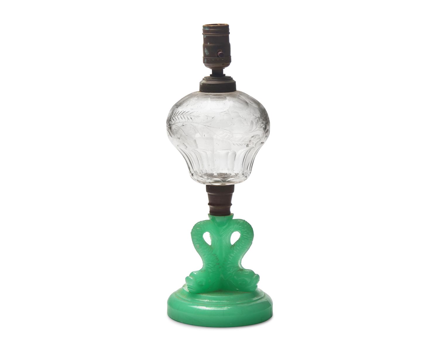 A Pressed Jade Green and Etched Clear Glass Kerosene Lamp