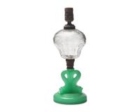 A Pressed Jade Green and Etched Clear Glass Kerosene Lamp