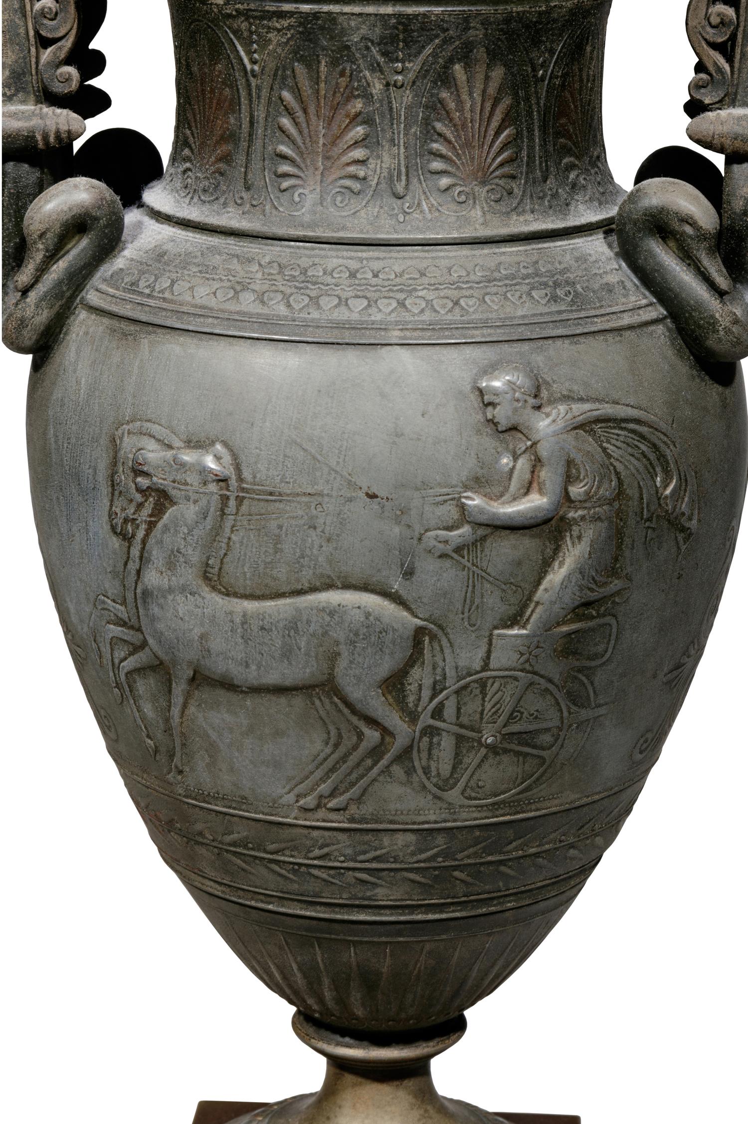 A Pair of Empire Style Patinated Metal and Marble Urns