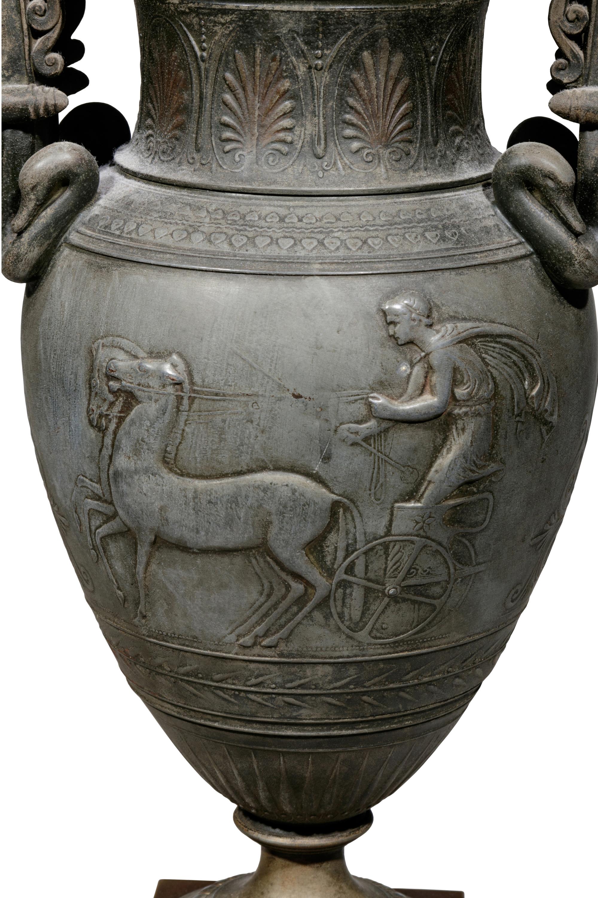 A Pair of Empire Style Patinated Metal and Marble Urns