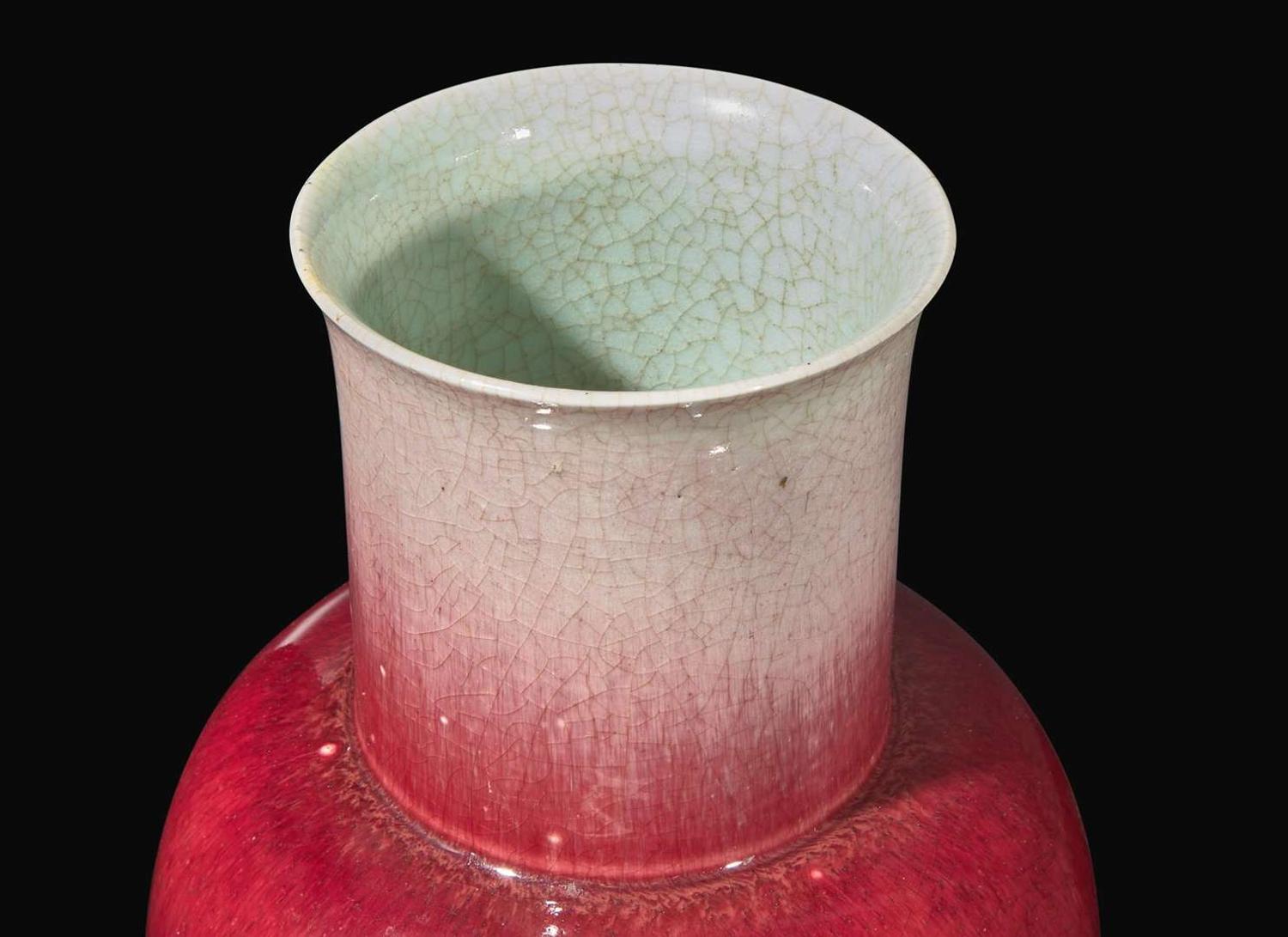 A large Chinese "Langyao" copper red-glazed baluster vase, Kangxi period 郎窯紅觀音瓶 清 康熙