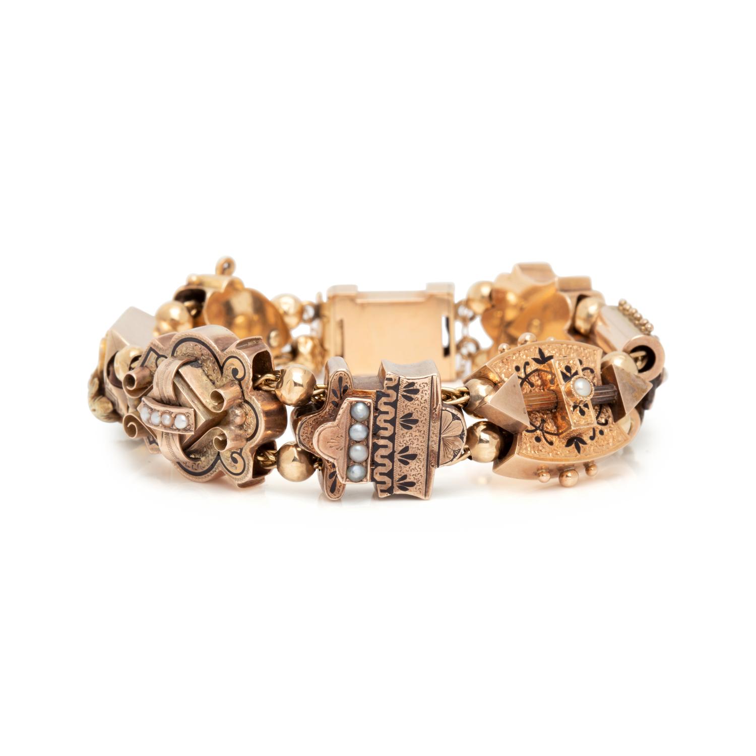 GOLD-FILLED, SEED PEARL AND ENAMEL SLIDE BRACELET