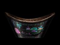A Set of Six Mother-of-Pearl Inlaid Black Lacquer Ingot-Form Cups