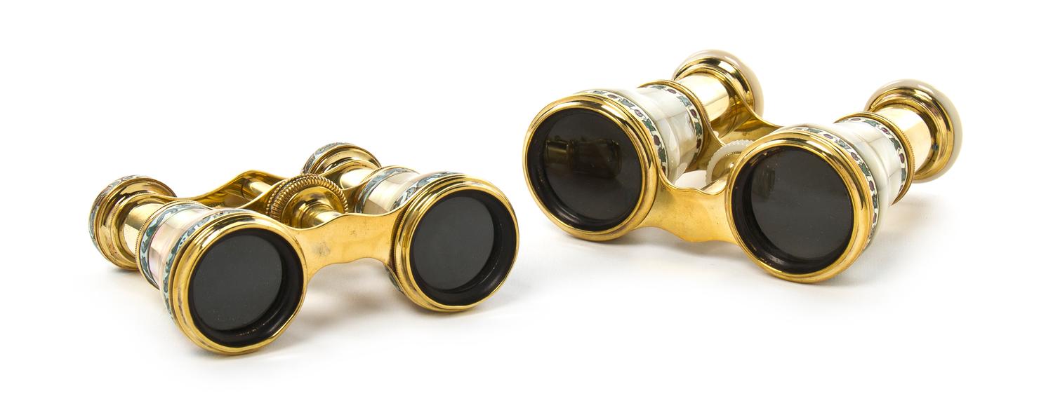 Two Pairs of French Mother-of-Pearl and Enamel Decorated Opera Glasses, Width of first 4 1/8 inches.