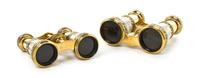 Two Pairs of French Mother-of-Pearl and Enamel Decorated Opera Glasses, Width of first 4 1/8 inches.