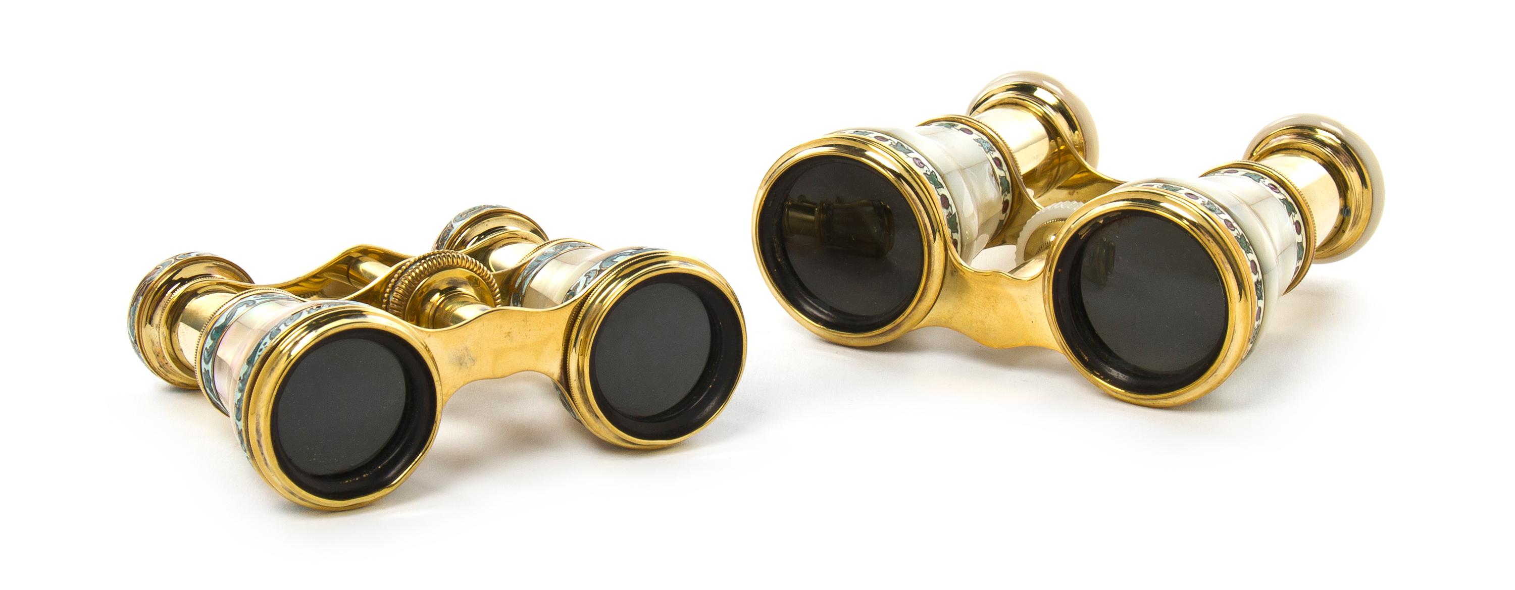 Two Pairs of French Mother-of-Pearl and Enamel Decorated Opera Glasses, Width of first 4 1/8 inches.