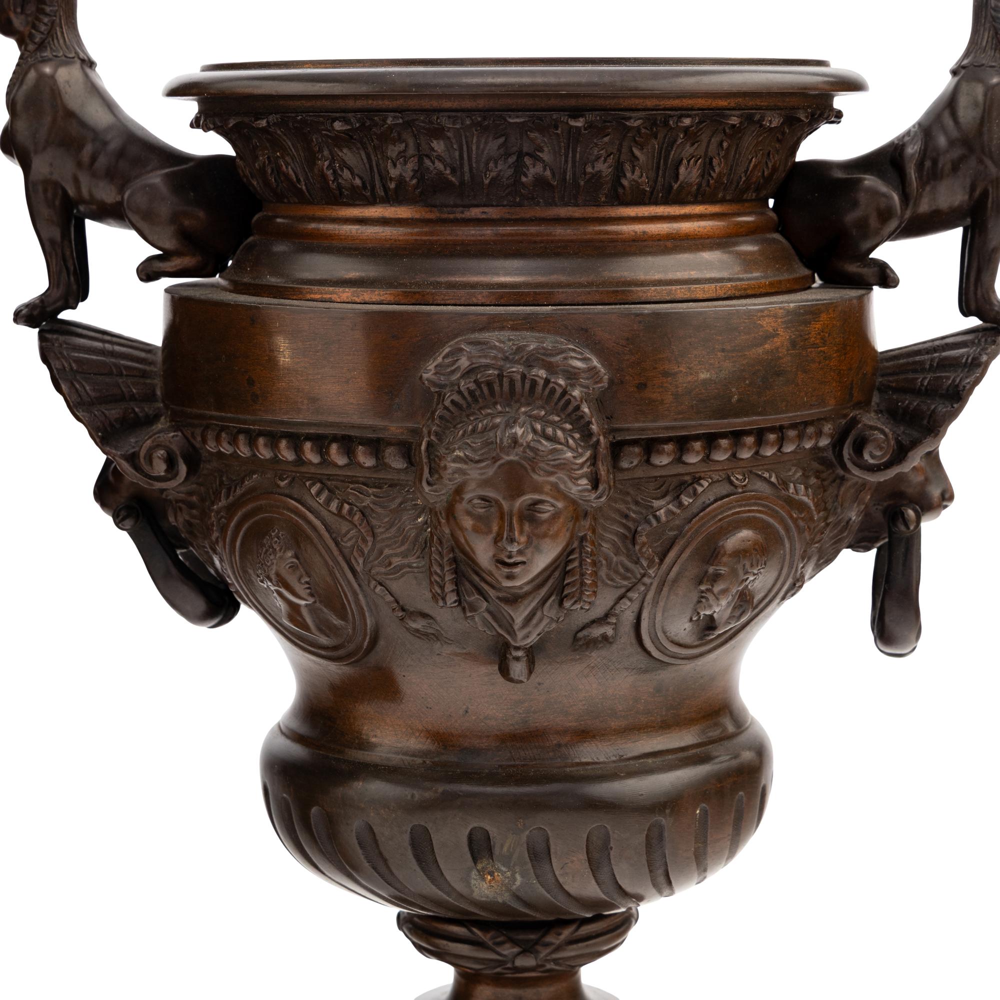 A Pair of Renaissance Revival Bronze and Marble Urns