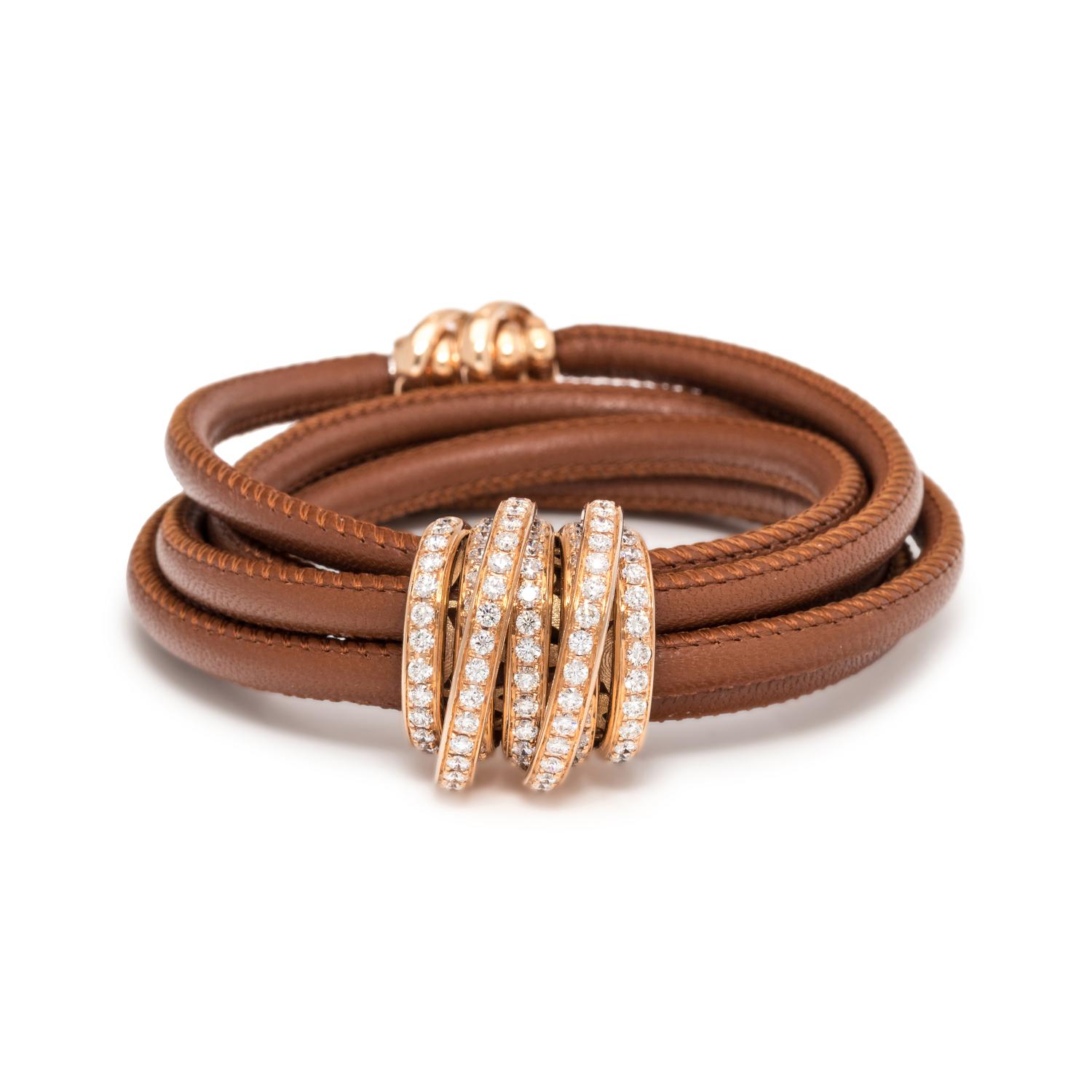DE GRISOGONO, BROWN LEATHER AND DIAMOND 'ALLEGRA' BRACELET