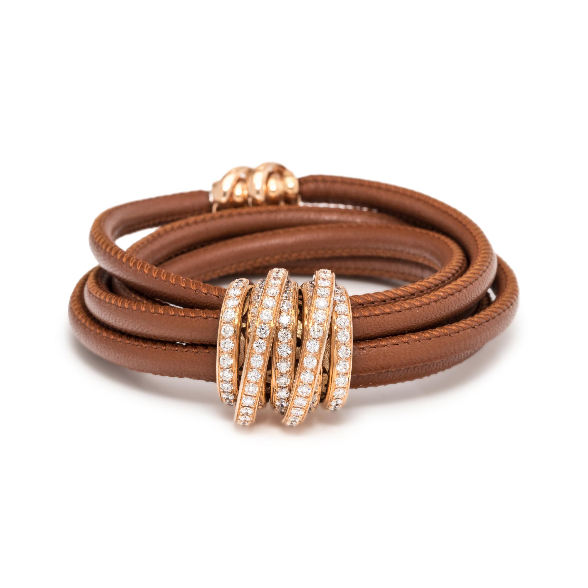 DE GRISOGONO, BROWN LEATHER AND DIAMOND 'ALLEGRA' BRACELET