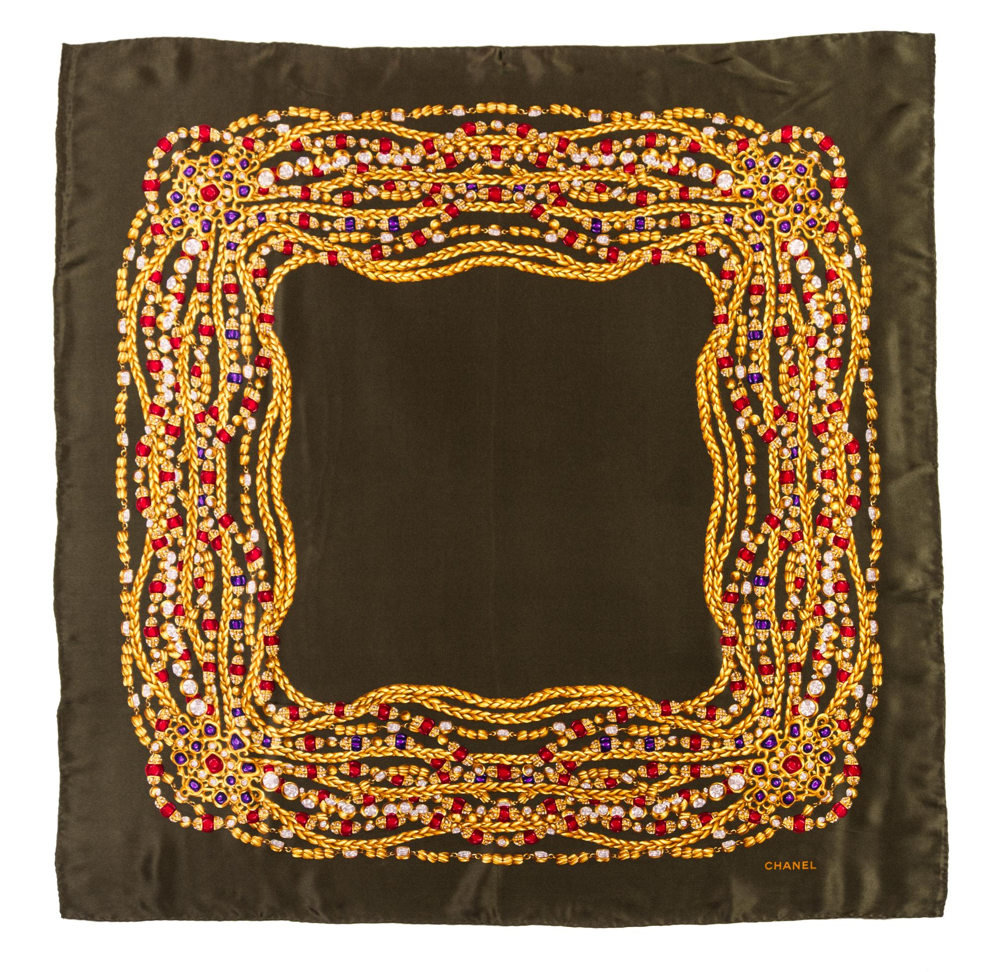 A Chanel Green Silk Scarf, 35 x 34 inches.