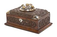 A Scottish Silver Mounted Carved Oak Table Casket, Height 5 1/2 x width 8 1/4 x depth 5 1/2 inches.