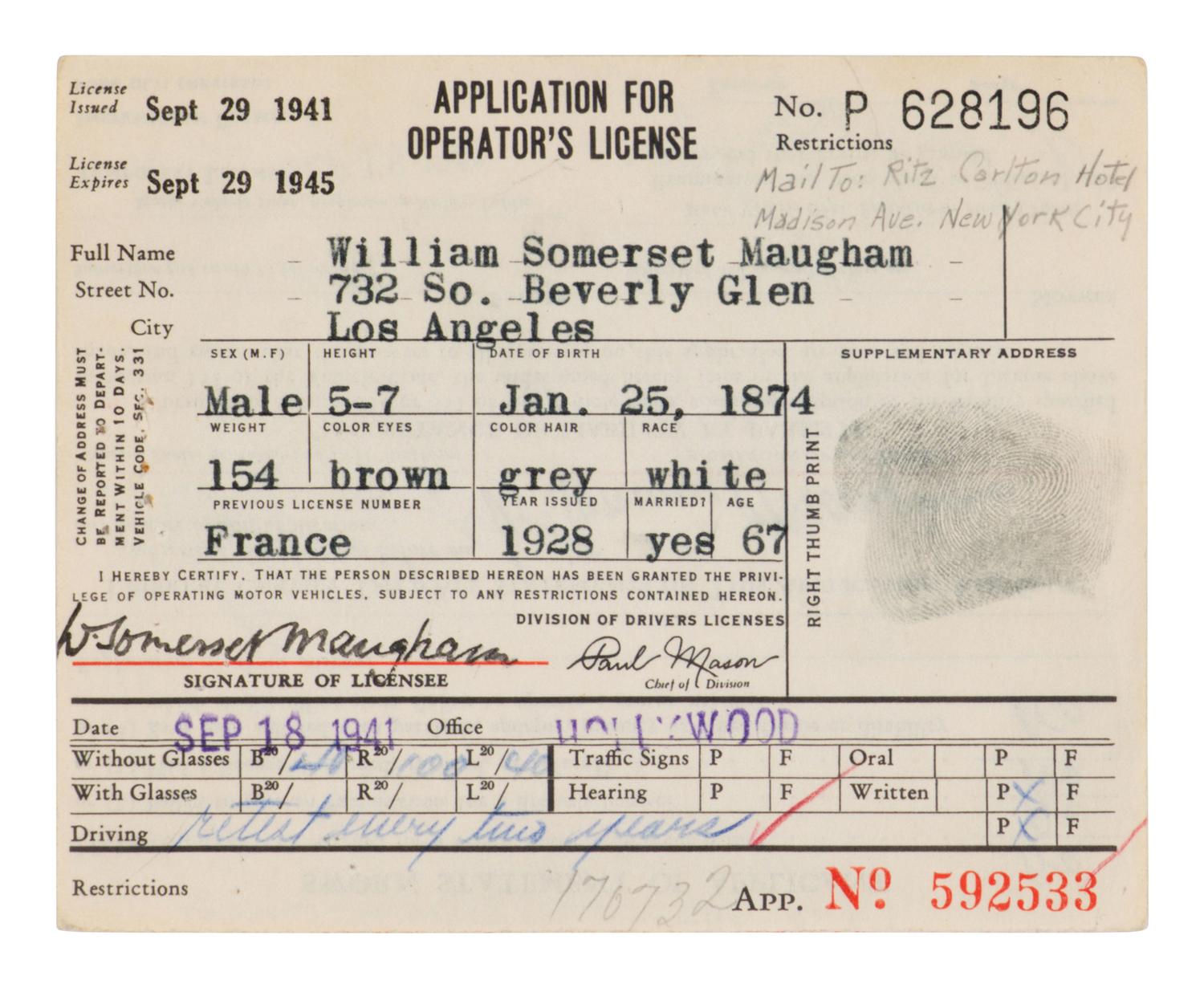MAUGHAM, W. Somerset (1874-1965). Partly printed document signed twice ("W. Somerset Maugham"), Los Angeles, 29 September 1941.