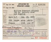 MAUGHAM, W. Somerset (1874-1965). Partly printed document signed twice ("W. Somerset Maugham"), Los Angeles, 29 September 1941.