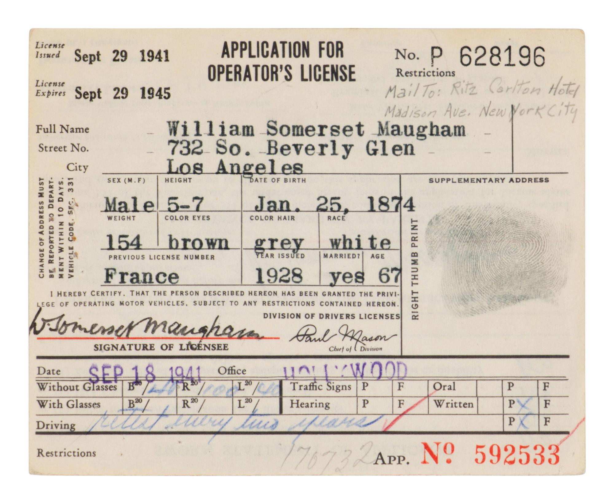 MAUGHAM, W. Somerset (1874-1965). Partly printed document signed twice ("W. Somerset Maugham"), Los Angeles, 29 September 1941.