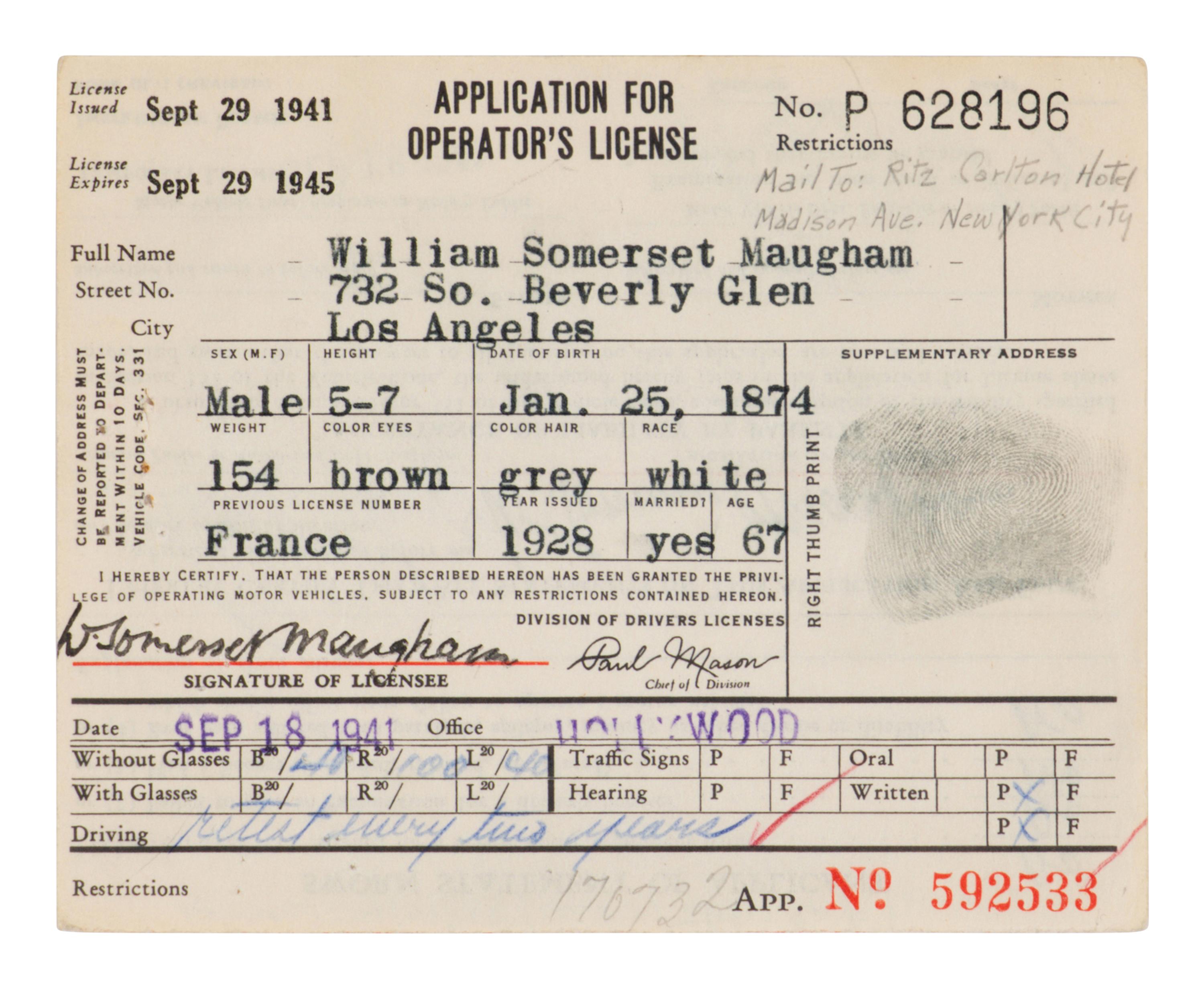 MAUGHAM, W. Somerset (1874-1965). Partly printed document signed twice ("W. Somerset Maugham"), Los Angeles, 29 September 1941.