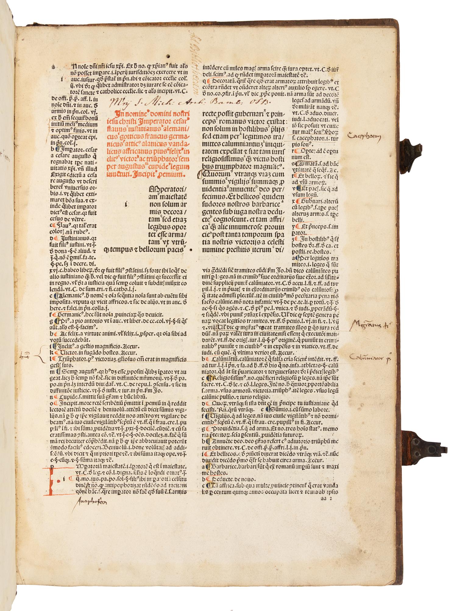 JUSTINIANUS I, Emperor (483-565). Institutiones. [Basel: Nicolaus Kesler, ca 1487-1488].