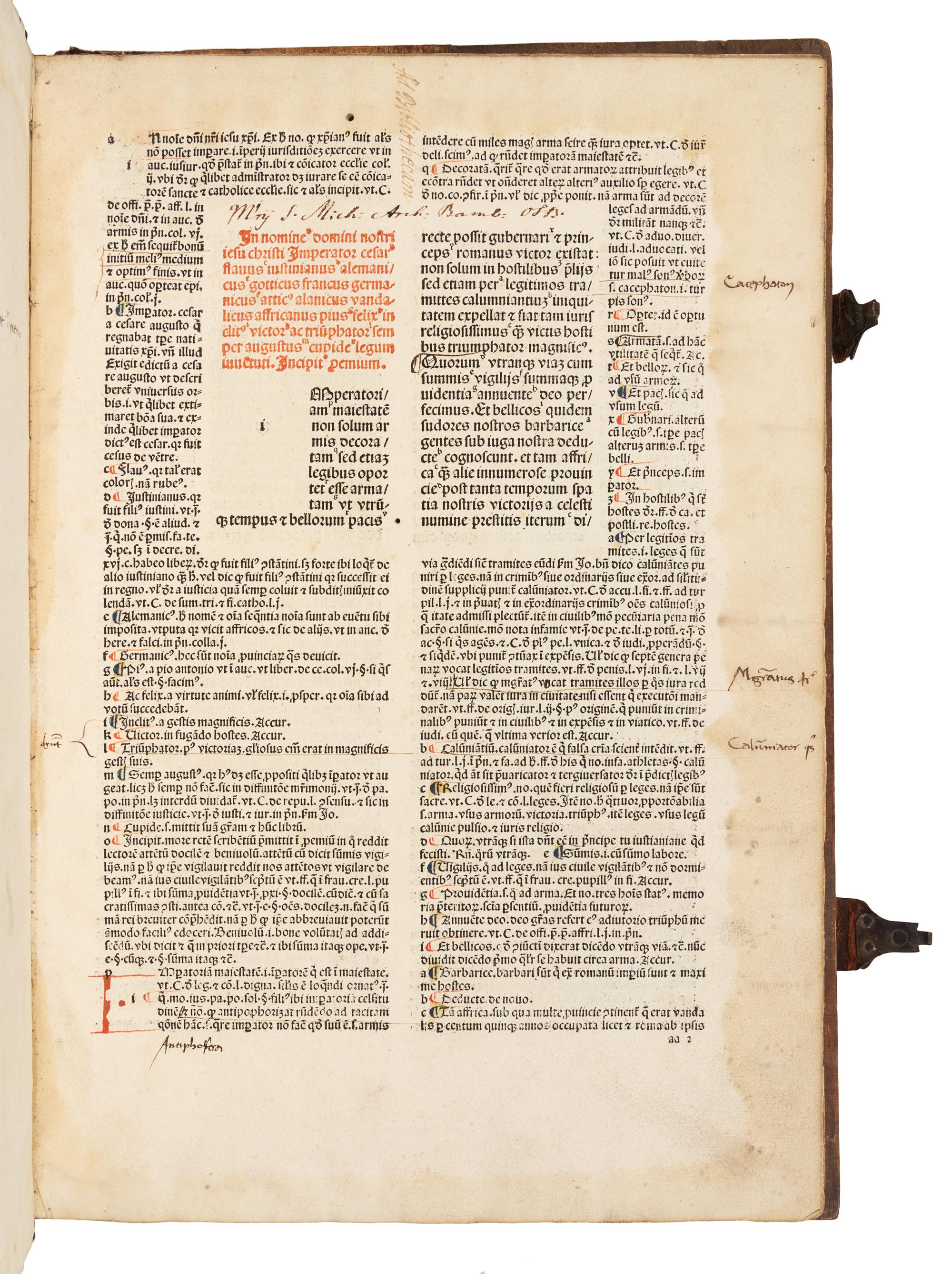 JUSTINIANUS I, Emperor (483-565). Institutiones. [Basel: Nicolaus Kesler, ca 1487-1488].