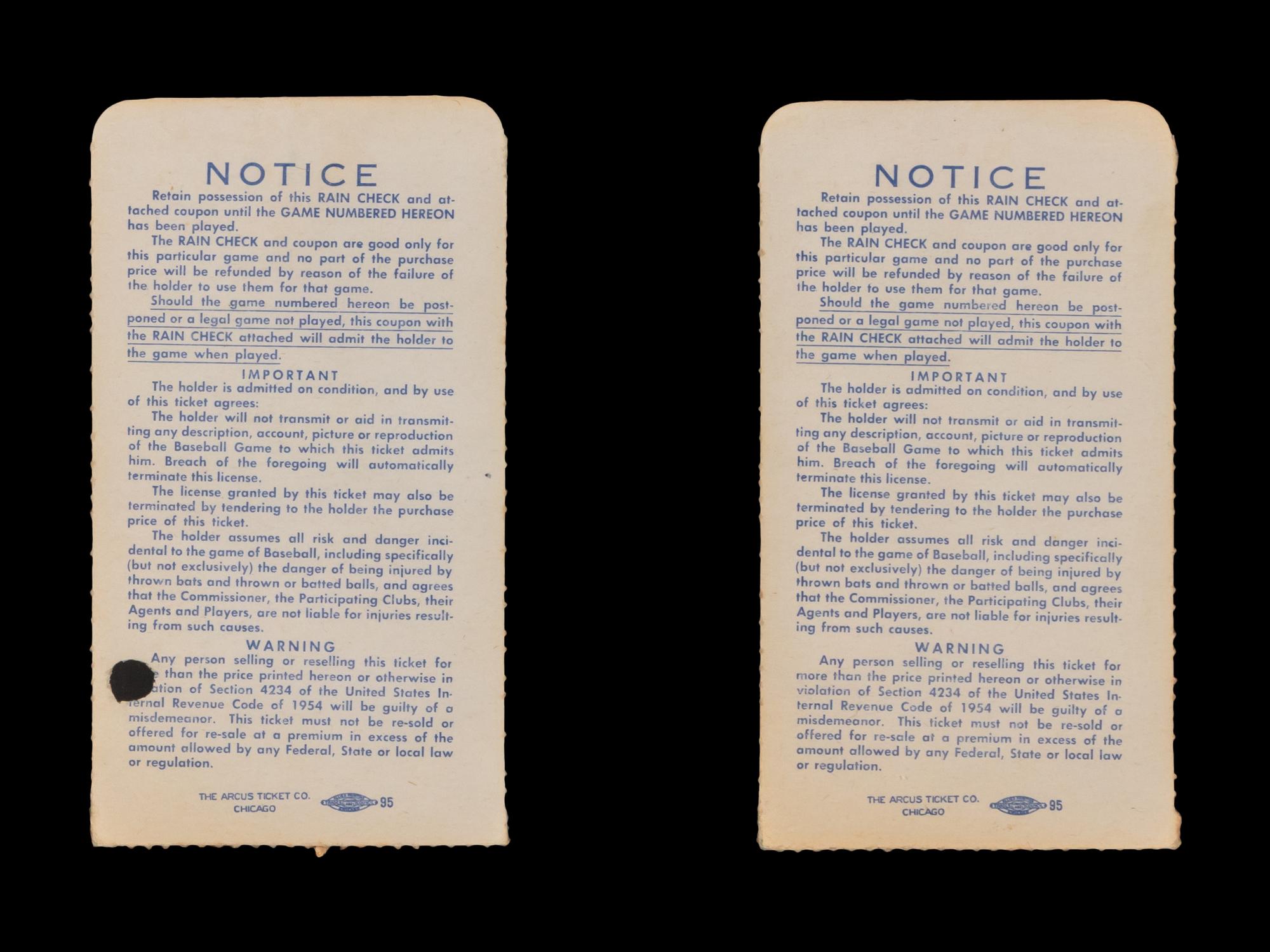 A Group of Two Milwaukee Braves vs. New York Yankees 1958 World Series Game 6 Ticket Stubs
