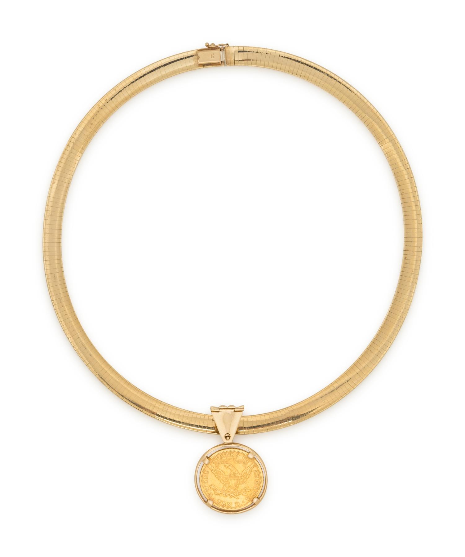 YELLOW GOLD, DIAMOND, AND COIN OMEGA CHOKER NECKLACE