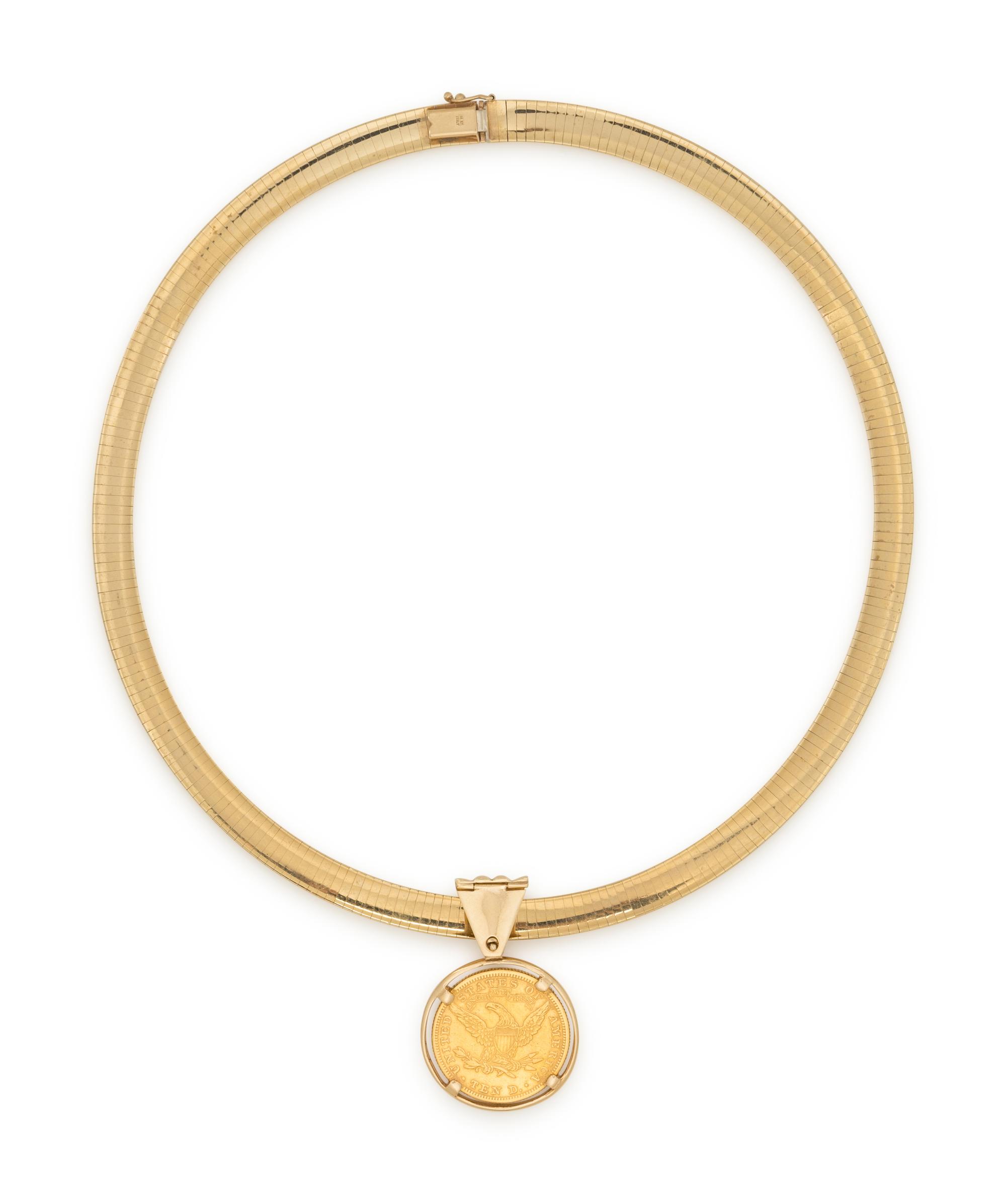 YELLOW GOLD, DIAMOND, AND COIN OMEGA CHOKER NECKLACE