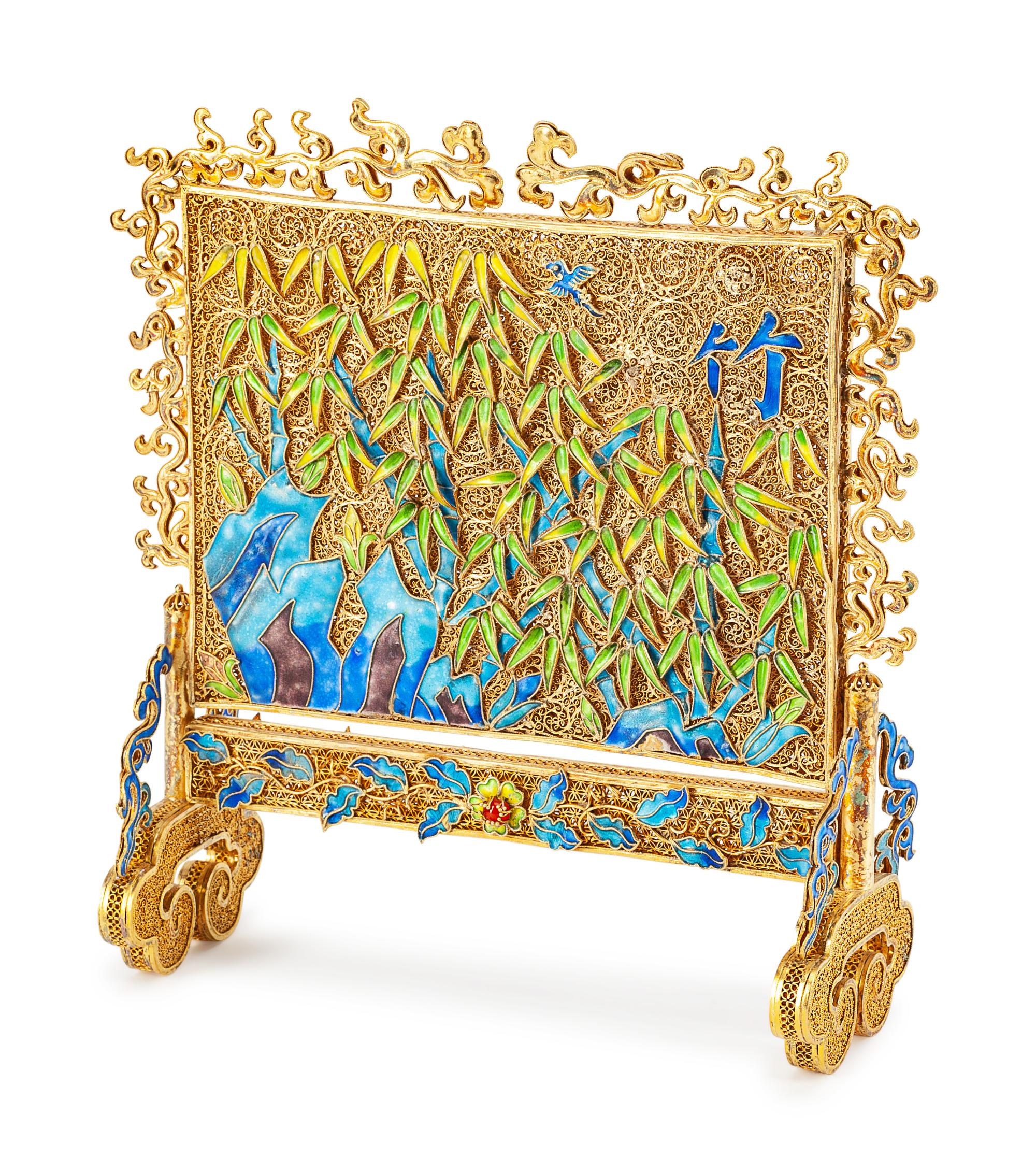 A Chinese Silvergilt and Enamel Table Screen