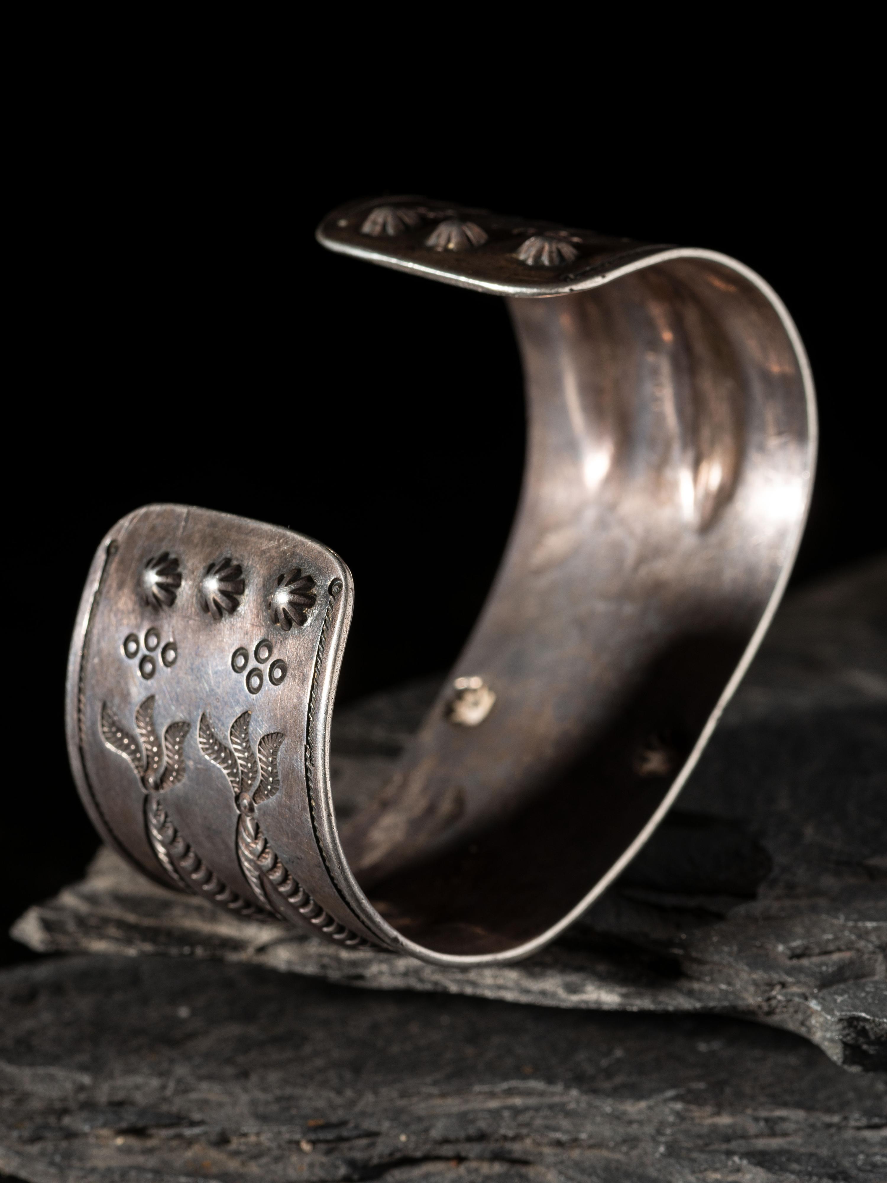 Navajo Ingot Silver and Turquoise Cuff Bracelet, with Repousse Accents