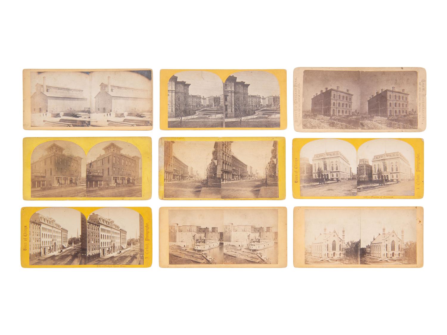 [EARLY PHOTOGRAPHY]. 33 mostly pre-fire stereoviews of Chicago, many by J. CARBUTT.