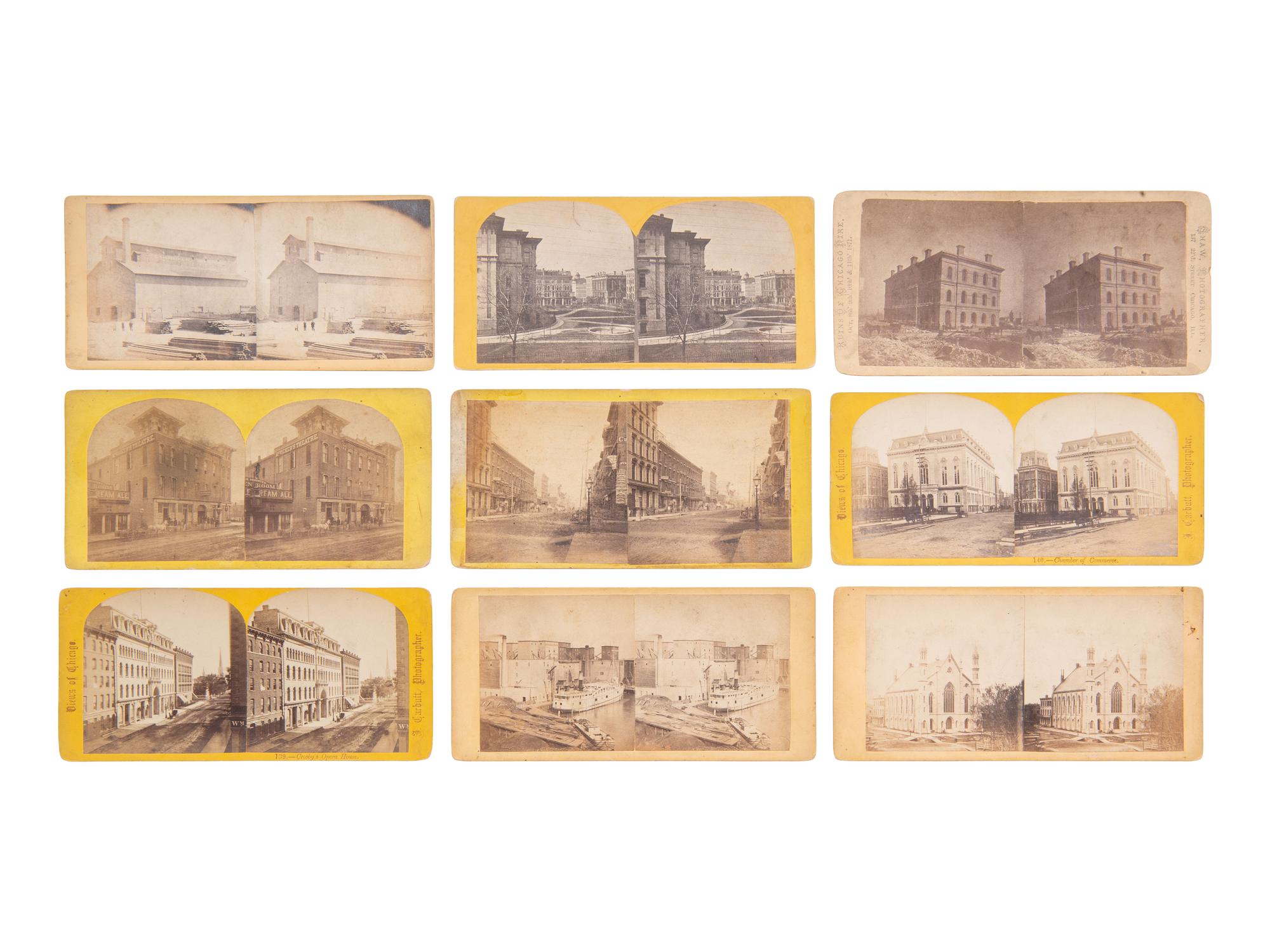 [EARLY PHOTOGRAPHY]. 33 mostly pre-fire stereoviews of Chicago, many by J. CARBUTT.