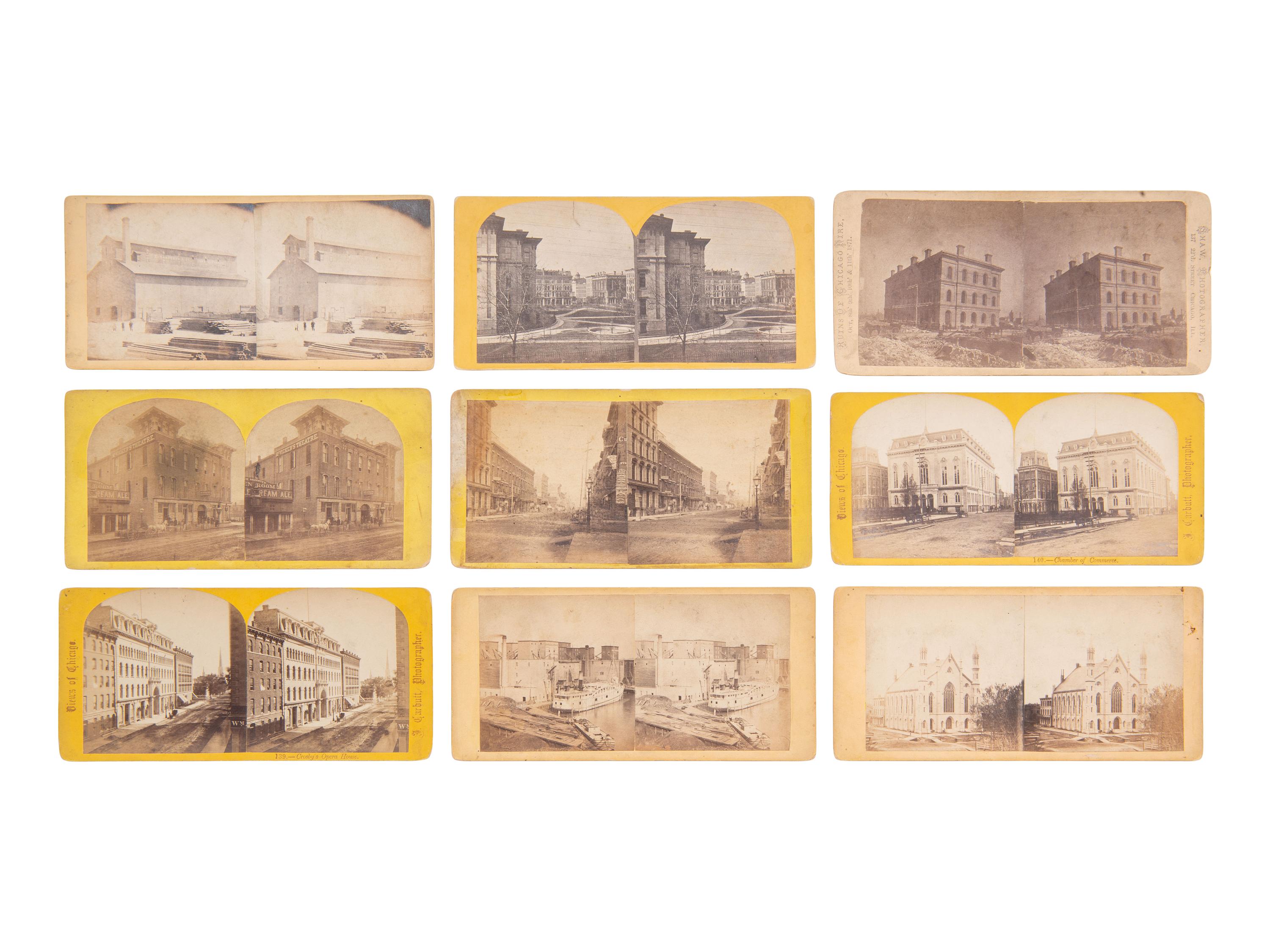 [EARLY PHOTOGRAPHY]. 33 mostly pre-fire stereoviews of Chicago, many by J. CARBUTT.