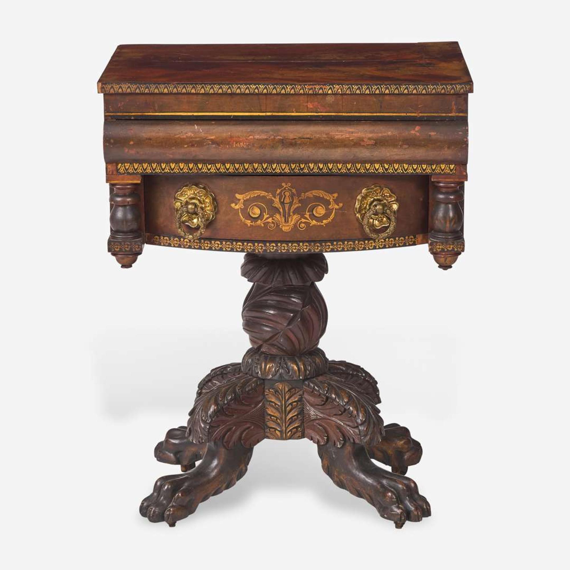 A Classical two-drawer mahogany and stencil-decorated work table Probably New York, NY, circa 1830